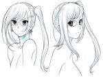 1girl bangs black_lilith breasts bust character_sheet closed_mouth concept_art earrings eyebrows_visible_through_hair female glasses hair_ornament hairclip highres jewelry large_breasts long_hair monochrome onmyou_kishi_towako side_ponytail simple_background smile towako_yagyu white_background zol