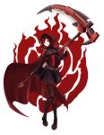  1girl boots cape gothic_lolita grey_eyes lolita_fashion ruby_rose rwby scythe short_hair solo weapon 