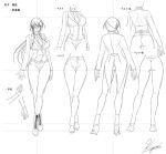  1girl ass back black_lilith breasts character_sheet concept_art eyepatch female formal kagami_hirotaka large_breasts long_hair monochrome onmyou_kishi_towako shiki_reika 