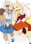  2girls artist_request blonde_hair blush breasts brown_hair closed_eyes copyright_request female fox furry gradient gradient_background japanese_clothes long_hair multiple_girls open_mouth raccoon sandals skirt translation_request white_background 