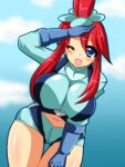  10s blue_eyes blush bouncing_breasts breasts fuuro_(pokemon) gym_leader huge_breasts looking_at_viewer navel nintendo pokemon pokemon_(game) pokemon_black_&amp;_white redhead shorts side_ponytail smile suspenders 