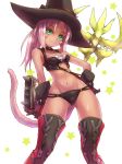  1girl breasts cat_tail cleavage final_fantasy final_fantasy_xiv gloves hand_on_hip hat looking_at_viewer miqo&#039;te navel pink_hair solo stomach tail thigh-highs tsukigami_chronica witch_hat 