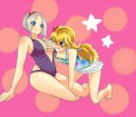  2girls bare_shoulders beryl_benito blonde_hair blue_eyes blush breasts brown_eyes grey_hair innes_lorenz long_hair multiple_girls one_eye_closed open_mouth short_hair smile swimsuit tales_of_(series) tales_of_hearts 