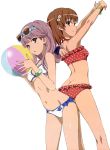  2girls ass ass-to-ass bikini breasts brown_eyes brown_hair butt_crack cleavage dimples_of_venus extraction highres holding_ball looking_at_viewer meigo_arisa misaka_mikoto multiple_girls navel purple_hair small_breasts smile swimsuit to_aru_majutsu_no_index transparent_background under_boob vector_trace 