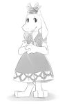  1girl blush_stickers cosplay dress fang goat_ears hands_clasped hat horns kamishirasawa_keine kamishirasawa_keine_(cosplay) looking_at_viewer monochrome puffy_short_sleeves puffy_sleeves shadow short_sleeves simple_background smile solo standing tareme toriel touhou undertale white_background 