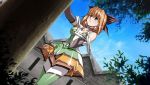  1girl bow breasts dress dutch_angle earrings female green_eyes green_legwear growlanser growlanser_iv growlanser_iv:_over_reloaded hair_bow jewelry large_breasts orange_hair outdoors solo standing thigh-highs tree tricia_(growlanser) urushihara_satoshi zettai_ryouiki 