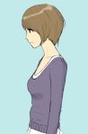  1girl bangs blue_background breasts brown_eyes brown_hair collarbone frown looking_to_the_side ribbed_sweater simple_background small_breasts solo solvalou sweater swept_bangs 