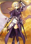  1girl armor banner blonde_hair blue_eyes crown fate/apocrypha fate/grand_order fate_(series) gauntlets holding holding_weapon long_hair looking_at_viewer official_art ruler_(fate/apocrypha) smile solo sword takeuchi_takashi thigh-highs waifu2x weapon 