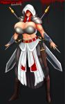  1girl abs assassin&#039;s_creed assassin&#039;s_creed_(series) breasts bursting_breasts cleavage full_body huge_breasts long_hair looking_at_viewer mkonstantinov redhead smile solo standing yellow_eyes 