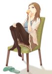  1girl bangs black_legwear blue_shirt brown_eyes brown_hair chair cup drinking jacket legs_crossed long_hair looking_at_viewer no_shoes open_clothes open_jacket original pleated_skirt sandals shadow shirt simple_background sitting skirt slippers solo solvalou swept_bangs thigh-highs white_background white_jacket 