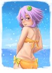  1girl blush choujigen_game_neptune exile_factory hair_ornament highres looking_at_viewer looking_back neptune_(choujigen_game_neptune) neptune_(series) ocean purple_hair ribbon sky solo swimsuit violet_eyes 