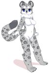  1girl blue_eyes breasts female full_body furry open_mouth powderkona simple_background snow_leopard solo white_background 