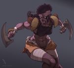  1girl abs angry braid dual_wielding feguimel grey_skin midriff monster_girl muscle navel orc original pointy_ears ponytail sharp_teeth solo stomach teeth toned weapon wrist_wraps 