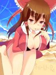  1girl beach bikini_top blush breast_hold breasts brown_hair cleavage hair_ribbon hair_tubes hakurei_reimu heart heart-shaped_pupils highres jacket jacket_over_swimsuit large_breasts leaning_forward long_hair looking_at_viewer ocean red_eyes ribbon se-u-ra sitting smile solo swimsuit symbol-shaped_pupils tongue tongue_out touhou 