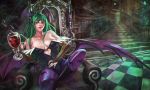  1girl absurdres armchair breasts capcom chair cleavage female green_eyes green_hair highres large_breasts long_hair monori_rogue morrigan_aensland solo stairs vampire_(game) 