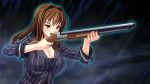  1girl aotonbo blush breasts brown_hair cleavage female game_cg highres large_breasts long_hair looking_away ohanabatakerun pink_eyes pointing serious simple_background solo standing striped suit upper_body weapon xx_of_the_dead 