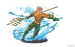 1boy aqua_man aquaman_(series) blonde_hair dc_comics full_body gloves green_gloves official_art puzzle_&amp;_dragons scale_armor solo trident water 