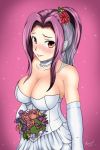  1girl bare_shoulders blush breasts brown_eyes choker cleavage dress earrings elbow_gloves female flower gloves jewelry large_breasts lips long_hair looking_at_viewer ponytail purple_background purple_hair sakaki_ryouko shokugeki_no_souma smile solo veil wedding_dress 