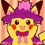  halloween hat mismagius_(cosplay) nintendo no_humans open_mouth pikachu pokemon smile solo witch_hat 