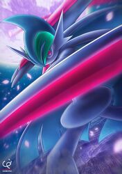  arm_blade chobi-pho gallade glowing glowing_eyes looking_at_viewer mega_gallade mega_pokemon moon motion_blur night night_sky petals pokemon pokemon_(game) red_eyes sky weapon 