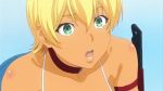  1boy 1girl angry animated animated_gif bikini_top blonde_hair breasts collar dark_skin female large_breasts legs mito_ikumi screencap shokugeki_no_souma smile talking 