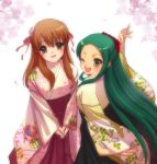  2girls asahina_mikuru fang flower green_hair hair_accessory japanese_clothes kimono long_hair looking_at_viewer multiple_girls nekota_chihiro ribbon suzumiya_haruhi_no_yuuutsu tsuruya very_long_hair wink 