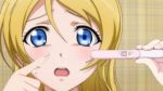  1girl ayase_eli blonde_hair blue_eyes love_live!_school_idol_project open_mouth pregnancy_test pregnant 