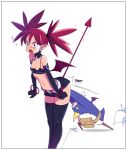 1girl bag belt black_gloves black_legwear black_skirt bracelet choker demon_girl demon_tail demon_wings disgaea earrings elbow_gloves etna expressive_tail flat_chest gloves jewelry kanchou makai_senki_disgaea microskirt navel open_mouth pink_hair pointy_ears prinny skirt skull_earrings standing stomach surprised sweat tail tail_raised thigh-highs twintails typo_(requiemdusk) wings