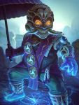  1boy alternate_costume blue_skin fingerless_gloves gloves horns jon_neimeister male_focus mask official_art orange_eyes sky smite solo teeth umbrella vamana_(smite) 