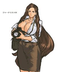  1girl aqua_eyes bangs blunt_bangs breasts brown_hair camera cleavage earrings huge_breasts jewelry long_hair nameo_(judgemasterkou) open_clothes open_shirt original pencil_skirt ringlets shirt skirt solo 