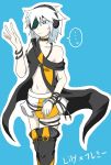  1girl bare_shoulders blue_eyes boots bracelet breasts coat cosplay eyepatch flamie_speeddraw jewelry lily_(vocaloid) navel rokka_no_yuusha short_hair skirt thigh_boots vocaloid white_hair 