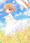  1girl brown_eyes brown_hair cherry_blossoms clannad dress flower furukawa_nagisa hat highres short_hair sky white_dress 
