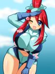  10s blue_eyes blush bouncing_breasts breasts fuuro_(pokemon) gym_leader huge_breasts looking_at_viewer navel nintendo pokemon pokemon_(game) pokemon_black_&amp;_white redhead shorts side_ponytail smile suspenders translated 