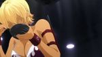  1boy 1girl animated animated_gif bikini_top blonde_hair breasts collar crying dark_skin defeated eating female green_eyes large_breasts mito_ikumi nude screencap serious shokugeki_no_souma swimsuit tears what 