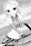  1girl bare_shoulders belt breasts earrings elbow_gloves gloves innes_lorenz jewelry midriff monochrome navel pantyhose short_hair skirt smile star tales_of_(series) tales_of_hearts weapon 