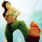  1girl ankle_wraps asymmetrical_hair belt black_hair brazilian breasts capcom cleavage cornrows feet front-tie_top hands_on_hips laura_matsuda navel scamwich soles solo stomach street_fighter street_fighter_v sunlight toes vest wristband 
