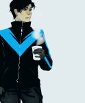  1boy adapted_costume batman_(series) black_gloves black_hair blue_eyes cup dc_comics dick_grayson gloves jacket looking_to_the_side male_focus nightwing simple_background solo standing steam 