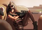  1girl animal_ears bikini black_hair borrowed_character breasts brown_hair cosplay front-tie_bikini front-tie_top glowing glowing_eyes gun highres horns john_doe metal_gear_(series) metal_gear_solid_v original pantyhose ponytail quiet_(metal_gear) quiet_(metal_gear)_(cosplay) reclining red_eyes rifle sheep sniper_rifle solo suspenders swimsuit thigh_strap torn_clothes torn_pantyhose weapon 