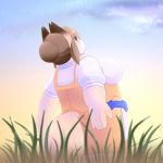  1girl artist_request breasts brown_hair copyright_request dog female furry gradient gradient_background nature outdoors plant ponytail short_hair sky solo 