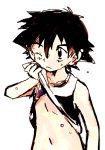  1boy black_hair child eyebrows male_focus moso_(artist) navel one_eye_closed pokemon satoshi_(pokemon) shirt_lift solo wet 