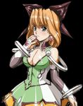  1girl black_background bow breasts cleavage dress earrings female fingerless_gloves gloves green_eyes growlanser growlanser_iv growlanser_iv:_over_reloaded hair_bow jewelry large_breasts orange_hair simple_background solo tricia_(growlanser) urushihara_satoshi 