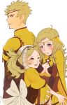  1boy 2girls artist_request blonde_hair blue_eyes breasts father_and_daughter fire_emblem fire_emblem:_kakusei fire_emblem_if liz_(fire_emblem) long_hair multiple_girls nintendo odin_(fire_emblem_if) open_mouth ophelia_(fire_emblem_if) short_hair smile 