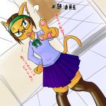  1girl artist_request brown_hair female furry glasses green_eyes indoors open_mouth pointing school_uniform skirt solo text thigh-highs uniform 
