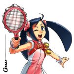  1girl ahoge black_hair capcom karuizawa_momo omar_dogan project_justice racket rival_schools smile solo tennis_ball twintails upper_body 