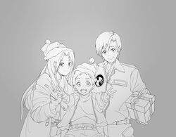  1girl 2boys 80s alfred_izuruha bernard_wiseman christina_mackenzie gift greyscale gundam gundam_0080 monochrome multiple_boys v wuke 