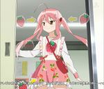  1girl arrow food fruit green_eyes highres moesaki_ichigo pink_hair screencap sore_ga_seiyuu! strawberry twintails 