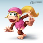  1girl barefoot blonde_hair clothes dixie_kong donkey_kong_(series) feet green_eyes happy hat jewelry long_hair looking_at_viewer monkey navel nintendo open_mouth ponytail soles solo super_smash_bros. toenails toes tongue 