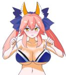  1girl animal_ears bare_shoulders bikini bikini_top blush bow breasts cleavage collarbone fate/extra fate_(series) female fox_ears hair_bow hair_ribbon large_breasts long_hair looking_at_viewer navel open_mouth pink_hair ribbon solo swimsuit tamamo_(fate)_(all) tamamo_no_mae_(fate) tsukamori_shuuji twintails upper_body yellow_eyes 