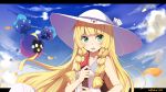  1girl bangs blonde_hair blue_sky blunt_bangs blush braid clouds commentary_request copyright_name cosmog day dress green_eyes hat highres kazenoko lillie_(pokemon) long_hair looking_at_viewer open_mouth outdoors pokemon pokemon_(game) pokemon_sm sky sleeveless sleeveless_dress solo sun_hat twin_braids white_dress 