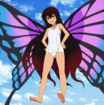  barefoot black_hair butterfly_wings clouds dark_skin flying highres long_hair master_nemesis screencap sky to_love-ru to_love-ru_darkness wings yellow_eyes 